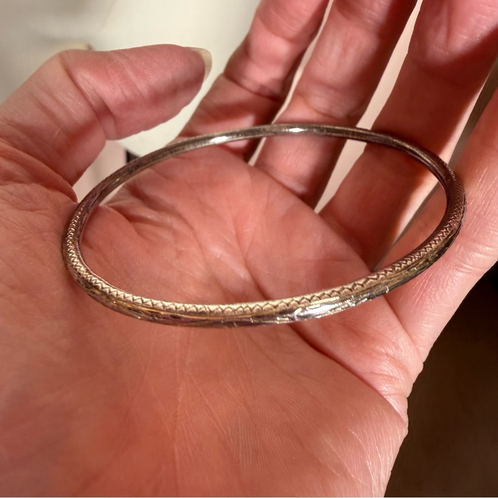 Antique Etched gold wash sterling silver thin delicate bangle bracelet